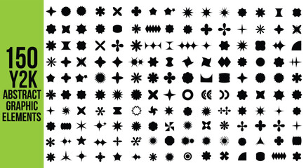 150 Y2K Vector. Abstract graphic elements futuristic icon. Brutalist abstract geometric shapes. Swiss design aesthetic. Collection of different graphic elements, star, sparkle, shapes, icons, frame.