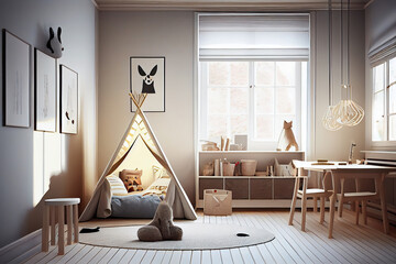 Scandinavian interior design of playroom with wooden cabinet, armchairs, Spacious child room with window, play tent, sack chair, poster mockup, Generative AI