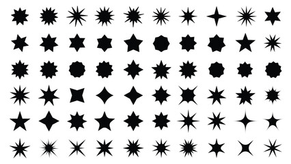 Set of geometric star shapes in trendy retro style. Star shapes trippy vibe shapes with sparkles. Y2k aesthetic elements for banners, social media, poster design