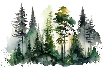 Watercolor painting of an amazing forest with big trees. Generated by AI, Digital Art.