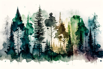 Watercolor painting of an amazing forest with big trees. Generated by AI, Digital Art.