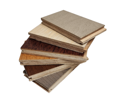 stacked of wooden laminated flooring tiles sample for interior renovation isolated on background with clipping path. construction of floor finishing design concept. engineering floor tiles samples.