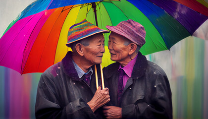 Generative AI illustration portrait of elder asian gay couple under lgbt umbrella - obrazy, fototapety, plakaty