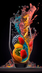 Photorealistic illustration with a fruit explosion in a large transparent glass on a black background.