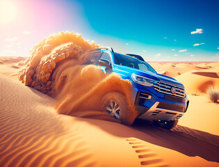 A blue SUV on a clear sunny day rushes through the dunes. - obrazy, fototapety, plakaty