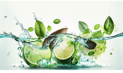 Fototapeta na wymiar limes with leaves and water splashing out of them. generative ai