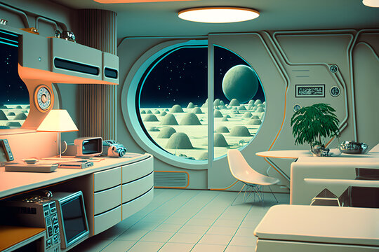 interior of utopian retrofuturistic moonbase, neural network generated art. Digitally generated image. Not based on any actual person, scene or pattern.