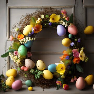 Handcrafted Easter Elegance: A Depth of Field Image Capturing a Beautiful Springtime Wreath with Colorful Accents