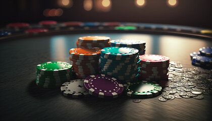 Poker chips on a poker table with beautiful lighting. Generative AI.