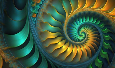  a computer generated image of a spiral like object in blue, yellow, and green colors with a spiral like structure in the middle of the image.  generative ai