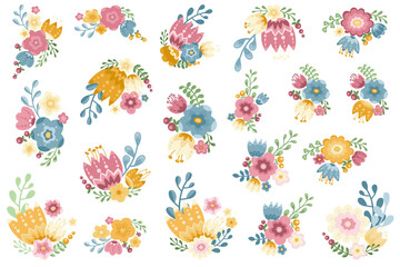Fototapeta na wymiar Decorative floral arrangements and bouquets set, hand drawn flowers illustrations in pastel colors, botanical elements isolated on transparent background