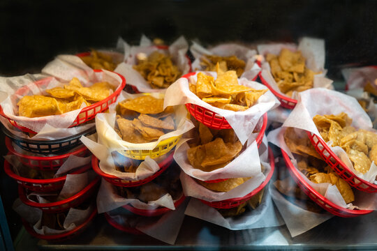 Baskets of corn tortilla chips at a traditional mexican restaraunt