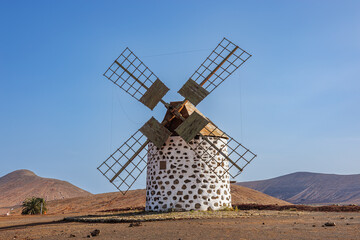 Reconstructed old mills near the village of Villaverde on the island of Fuerteventura