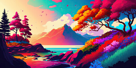 Landscape Illustration in bright vibrant colors - Generative AI
