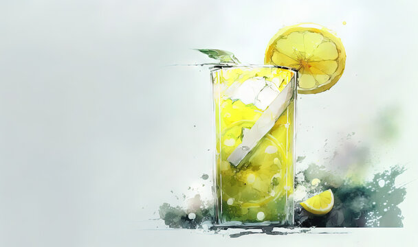  a painting of a glass of lemonade with a slice of lemon on top of it and a knife sticking out of the top of the glass.  generative ai