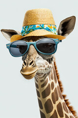 Giraffe mit Sonnenbrille und Sonnenhut vor wei&szlig;em Hintergrund, Generative AI