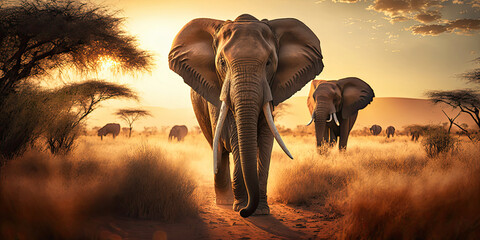 African elephants - majestic creatures grazing on the savanna at sunset - Generative AI