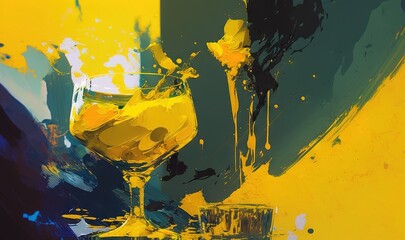  a painting of a glass of wine on a yellow and blue background with a black and white stripe on the bottom half of the glass.  generative ai