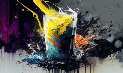  a painting of a glass of liquid with a banana on top of it and splashing paint all over the bottom of the glass and bottom of the glass.  generative ai