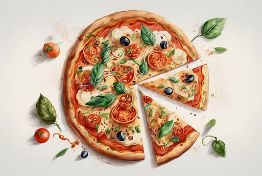 Italian pizza with tomatoes, mozzarella, basil, olives. Watercolor pizza. Mediterranean Kitchen. Generative AI
