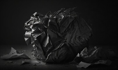  a black and white photo of a piece of paper on the ground with a crumpled apple in the middle of it, with a piece of paper on the floor.  generative ai