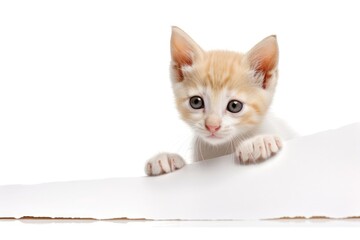 From beneath a blank white banner, the kitten peeps out and gives the thumbs up. isolated against a white backdrop. Generative AI