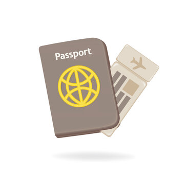 Passport with plane ticket. 3d monochrome minimalism. Vector graphics, 3d render
