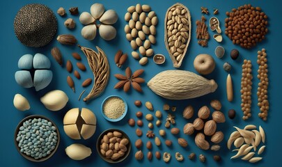  a variety of nuts and seeds on a blue background with a blue background and a blue background with a blue background and a blue background with a variety of nuts and seeds.  generative ai