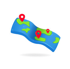Volumetric blue map icon with islands and location icons. Blue map, green islands, red location icons. 3d vector