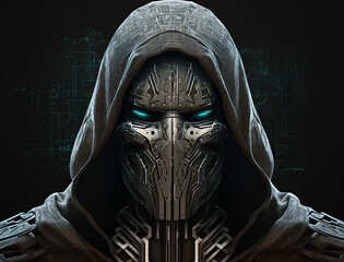 Portrait of anonymous cyborg hacker. Concept of hacking cybersecurity, cybercrime, cyberattack, etc.