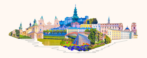 Fototapeta premium The collage of view of Salzburg skyline with river Salzach, Salzburger Land, Austria. Art collage, design