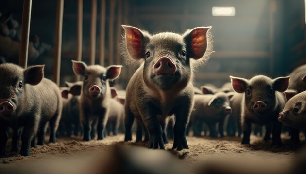 Pig, farm, pork, bacon, sausage, breeding, nutrition, health, welfare, lot of pigs, thousend pigs, GENERATIVE AI