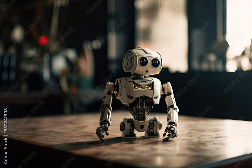 Poster robot close up. a small gray robot is on the table. next to him an empty table and the background of
