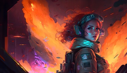 Female firefighter surrounded by flames in cosmic atmosphere. Created with generative ai.