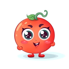 Fototapeta premium Happy cute tomato. Cartoon tomato with eyes and smiling. Tomato on white background. Generative AI.