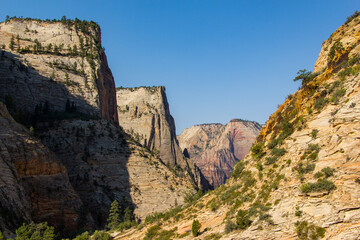 Fototapeta na wymiar Views of the beautiful Zion Canyon with the Virgin River carving through it in Southern Utah.