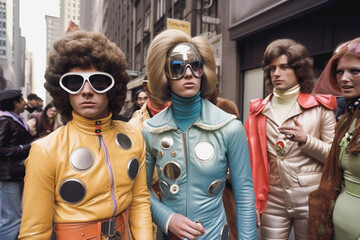 Group of friends together outside wearing colorful puffy coats or jackets outside. 1970s makeup and style with futuristic edge. generative AI - obrazy, fototapety, plakaty