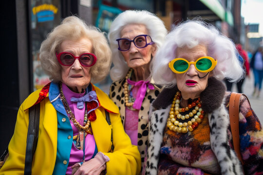 Three senior citizen mature women friends outside wearing colorful and fun fashion in the city together. generative AI friendship