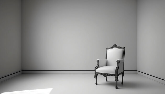 White empty room with an elegant white chair. Copy space for text. Opportunity and growth concept. Waiting concept. Generative AI.