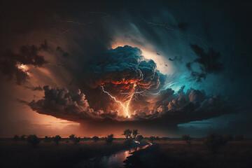 Dramatic Storm clouds with lightning strikes and dark atmosphere. Giant Storm with heavy dark skies and thunferstorm lightning strikes. Ai generated