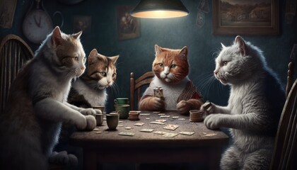 Cats playing poker has become an iconic image in popular culture, with its blend of humor, strategy, and satire appealing to audiences of all ages and interests. GENERATIVE AI - obrazy, fototapety, plakaty