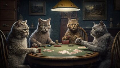 Cats playing poker has become an iconic image in popular culture, with its blend of humor, strategy, and satire appealing to audiences of all ages and interests. GENERATIVE AI - obrazy, fototapety, plakaty