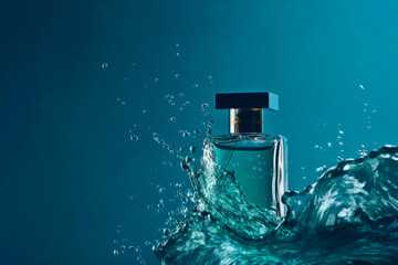 Perfume bottle in water splash. Summer fragrance in perfumery with a nautical theme. Created with Generative AI technology.