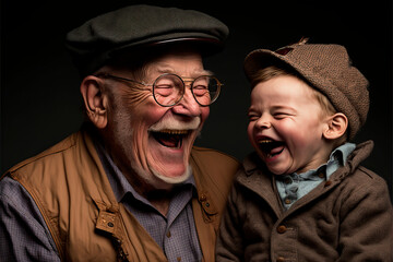 Portrait of a grandfather and grandson laughing as they look at each other. image created with ia - obrazy, fototapety, plakaty