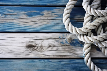 Nautical background with ropes on a weathered deck. Travel and adventure concept. Created with Generative AI technology. - obrazy, fototapety, plakaty