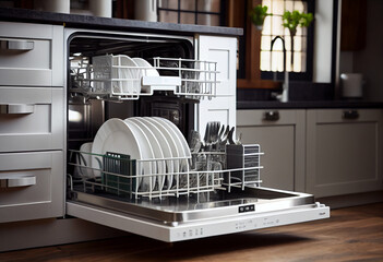 Open dishwasher with clean dishes inside in kitchen. Generate Ai