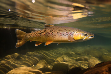 Trout fish in wildlife underwater. Created with Generative AI technology.