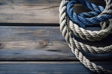 Fototapeta premium Nautical background with ropes on a weathered deck. Travel and adventure concept. Created with Generative AI technology.