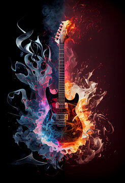 Electric guitar on fire. Bursts. Banner. Copy space . Generate Ai