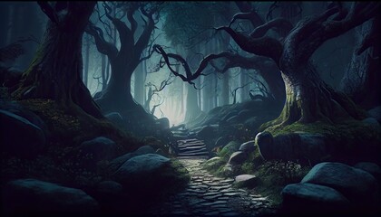 Fantasy landscape, magical night, fairy tale forest. Digital art, ai artwork, background or wallpaper. Generative AI